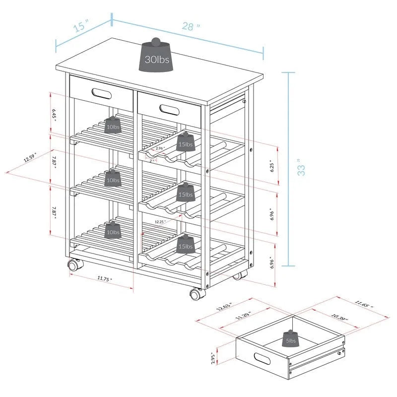 Carrello da Cucina a 4 Ripiani in Legno Massello con Portabottiglie e Cassetto