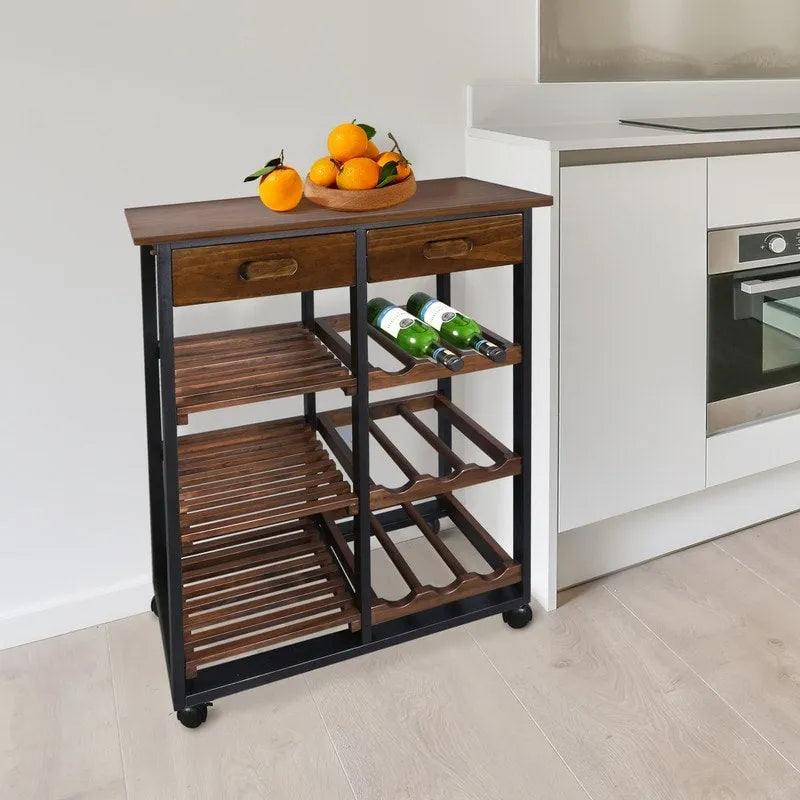 Carrello da Cucina a 4 Ripiani in Legno Massello con Portabottiglie e Cassetto