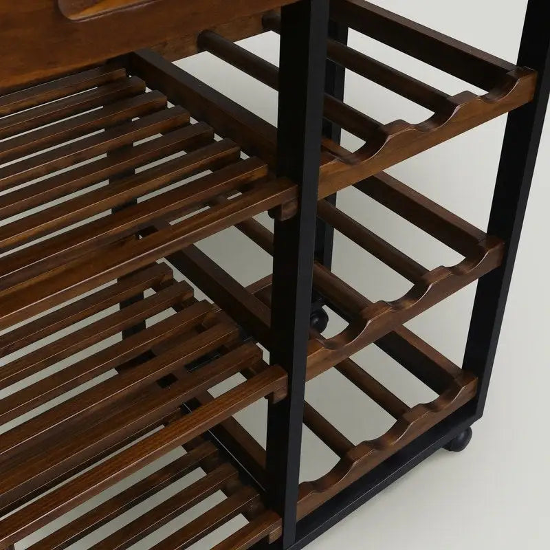 Carrello da Cucina a 4 Ripiani in Legno Massello con Portabottiglie e Cassetto