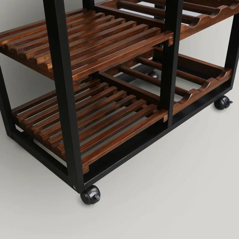 Carrello da Cucina a 4 Ripiani in Legno Massello con Portabottiglie e Cassetto