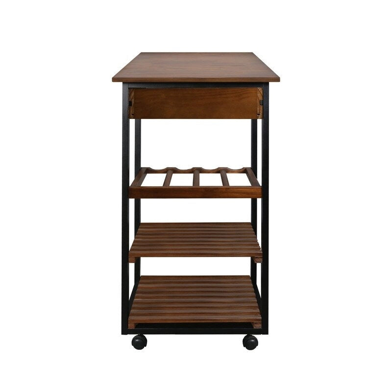 Carrello da Cucina a 4 Ripiani in Legno Massello con Portabottiglie e Cassetto
