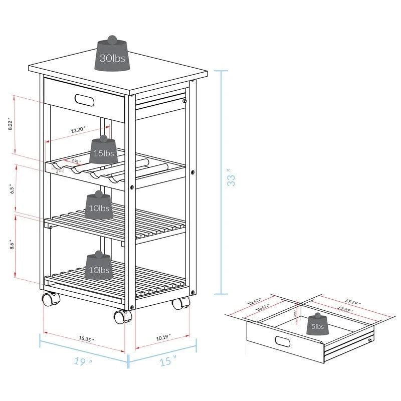 Carrello da Cucina a 4 Ripiani in Legno Massello con Portabottiglie e Cassetto
