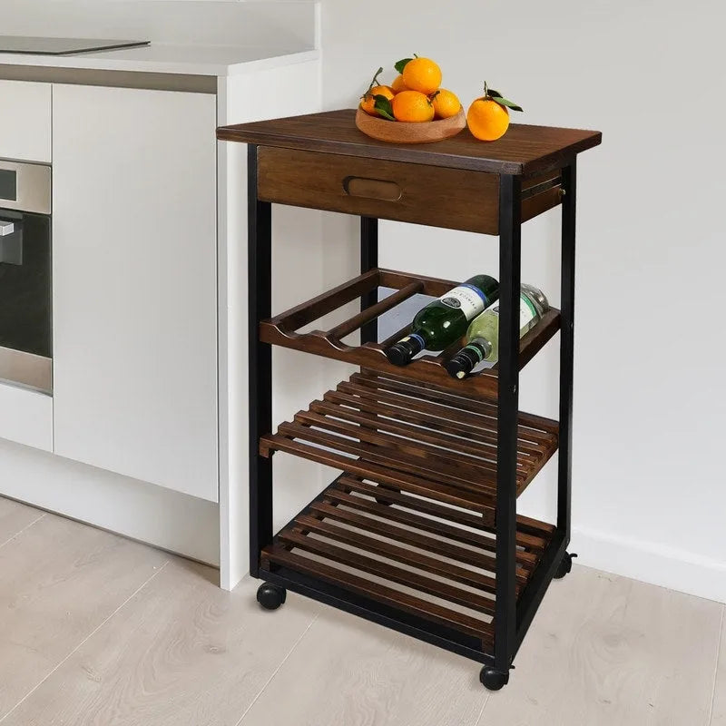 Carrello da Cucina a 4 Ripiani in Legno Massello con Portabottiglie e Cassetto