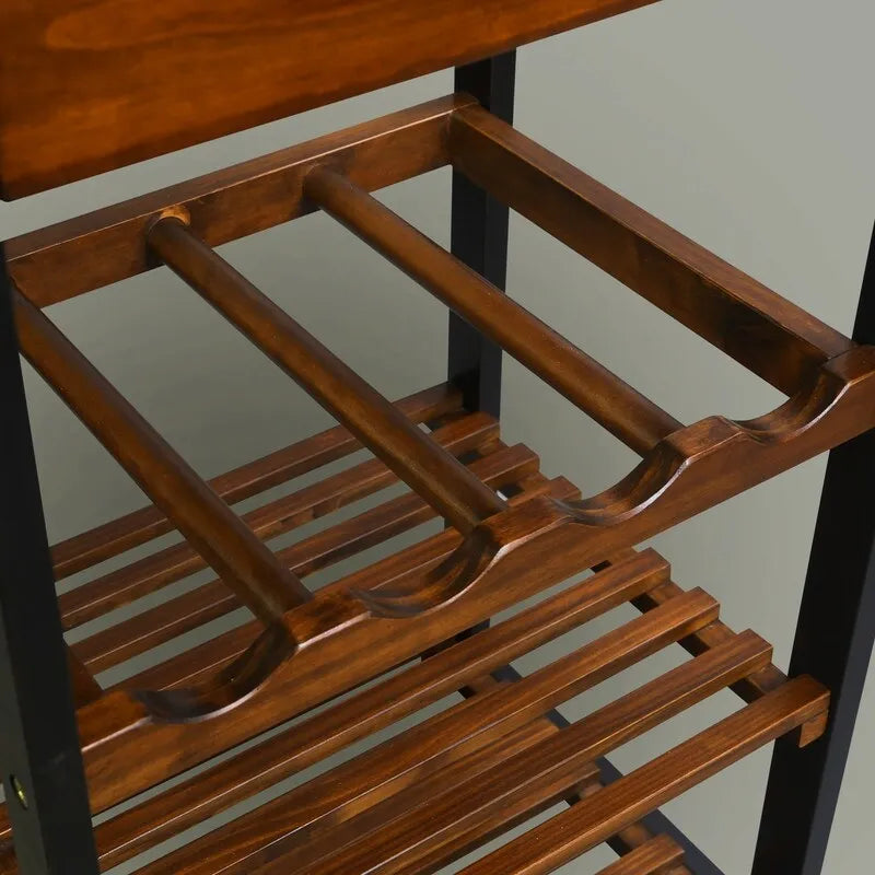 Carrello da Cucina a 4 Ripiani in Legno Massello con Portabottiglie e Cassetto