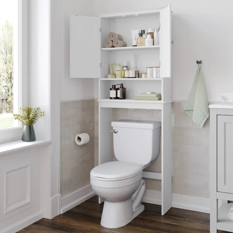 Mobiletto da bagno salvaspazio da mettere sopra il WC, con ripiani e ante con chiusura magnetica