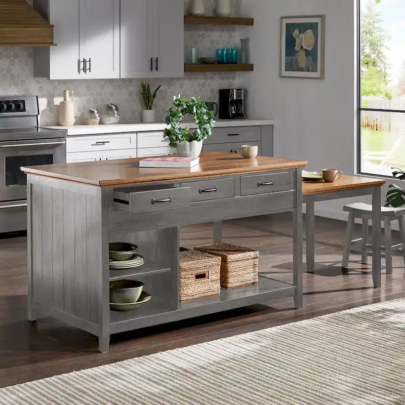 Isola cucina allungabile bicolore con finitura anticata e 3 cassetti