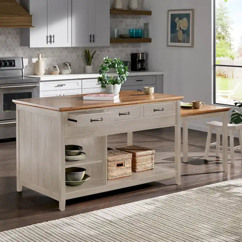 Isola cucina allungabile bicolore con finitura anticata e 3 cassetti