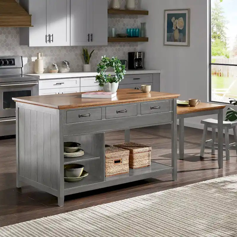 Isola cucina allungabile bicolore con finitura anticata e 3 cassetti