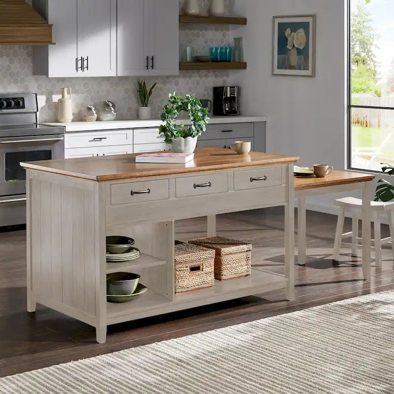 Isola cucina allungabile bicolore con finitura anticata e 3 cassetti