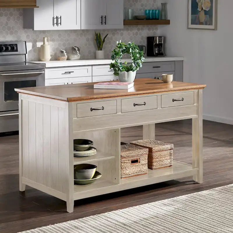Isola cucina allungabile bicolore con finitura anticata e 3 cassetti