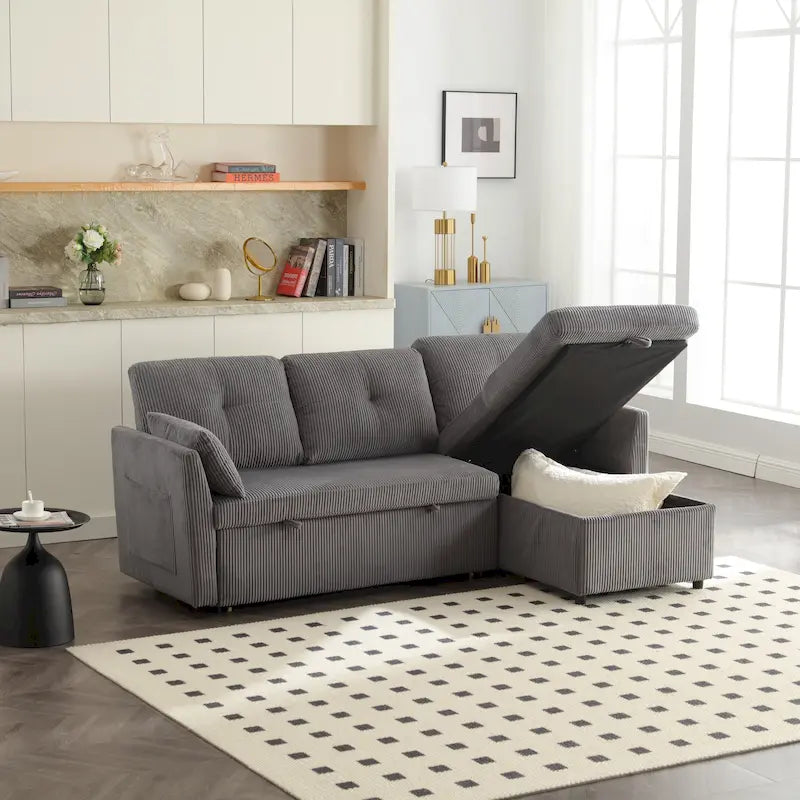 Divano Sezionale a L con Chaise Reversibile, Rivestimento in Velluto a Coste/Ciniglia, con Bracciolo Portaoggetti e Tasca Laterale