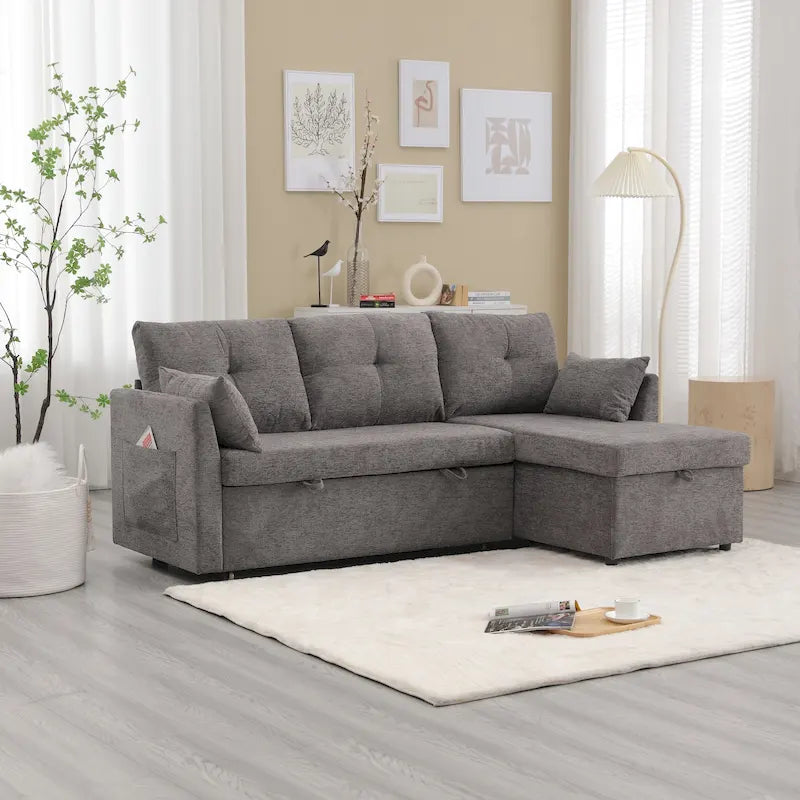 Divano Sezionale a L con Chaise Reversibile, Rivestimento in Velluto a Coste/Ciniglia, con Bracciolo Portaoggetti e Tasca Laterale
