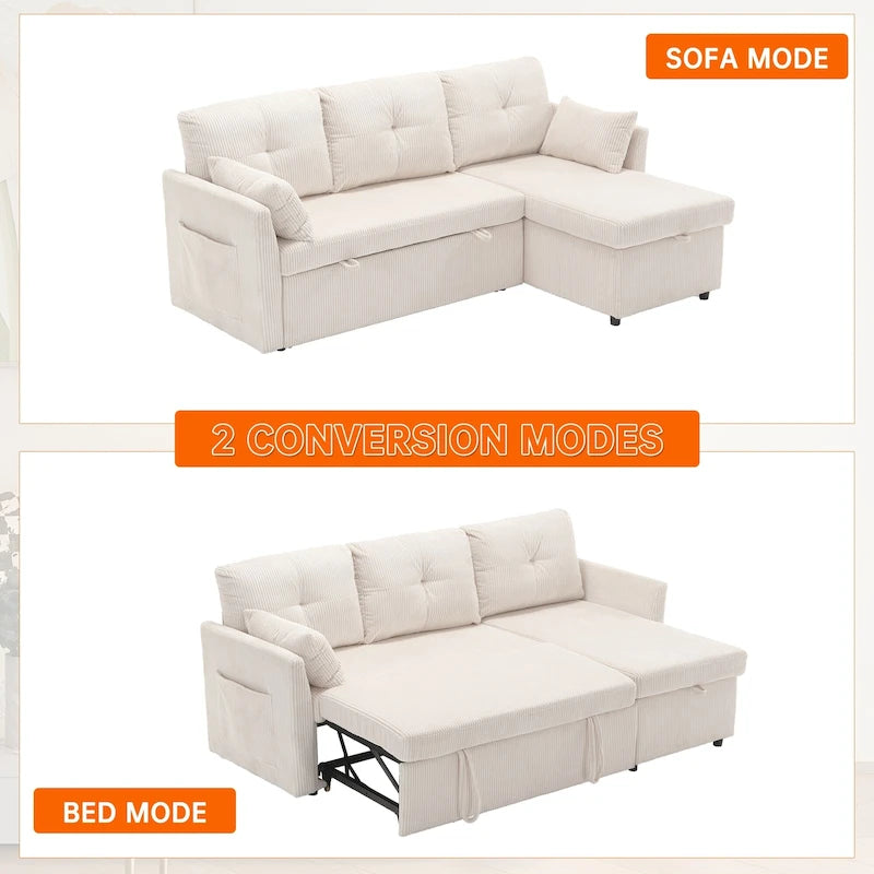 Divano Sezionale a L con Chaise Reversibile, Rivestimento in Velluto a Coste/Ciniglia, con Bracciolo Portaoggetti e Tasca Laterale