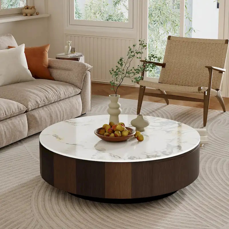 Tavolino da caffè rotondo moderno in finto marmo da 35 pollici, piano in pietra sinterizzata bianca lucida, tavolino in stile Mid-Century con cassetto in legno massello