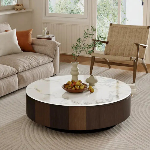 Tavolino da caffè rotondo moderno in finto marmo da 35 pollici, piano in pietra sinterizzata bianca lucida, tavolino in stile Mid-Century con cassetto in legno massello