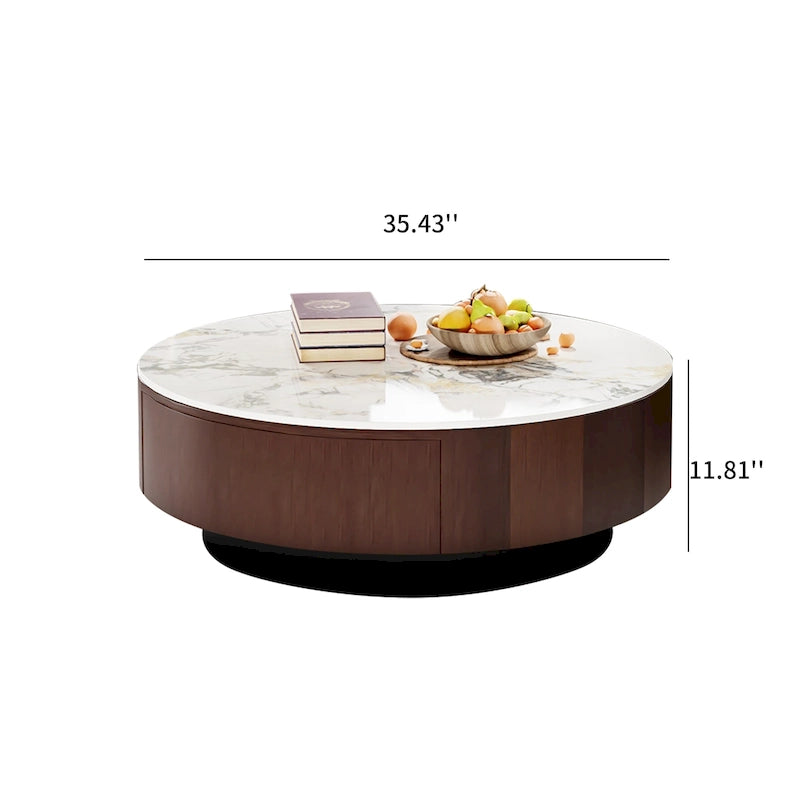 Tavolino da caffè rotondo moderno in finto marmo da 35 pollici, piano in pietra sinterizzata bianca lucida, tavolino in stile Mid-Century con cassetto in legno massello