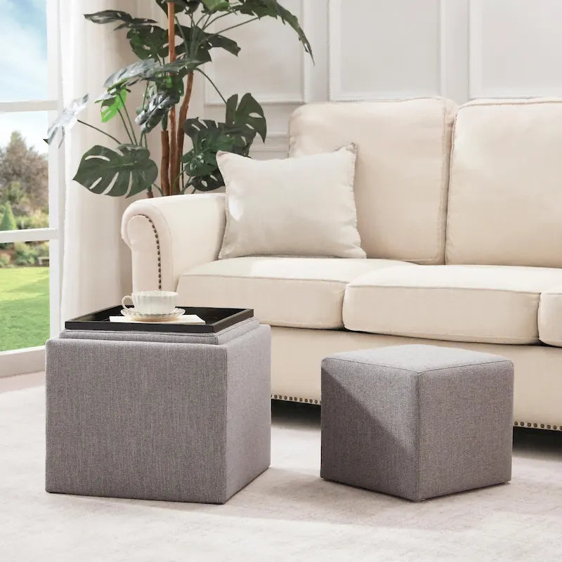 Pouf Contenitore Quadrato con Poggiapiedi e Vassoio