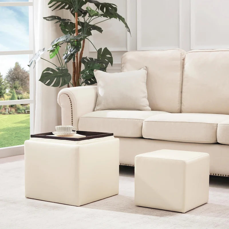 Pouf Contenitore Quadrato con Poggiapiedi e Vassoio