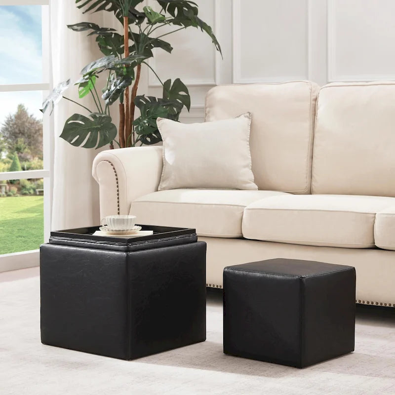 Pouf Contenitore Quadrato con Poggiapiedi e Vassoio