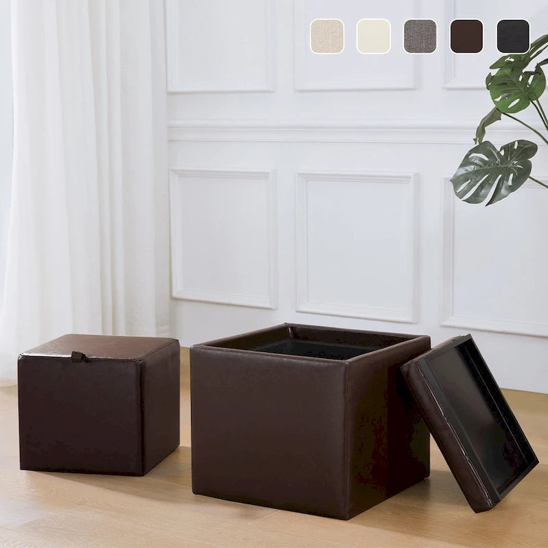 Pouf Contenitore Quadrato con Poggiapiedi e Vassoio