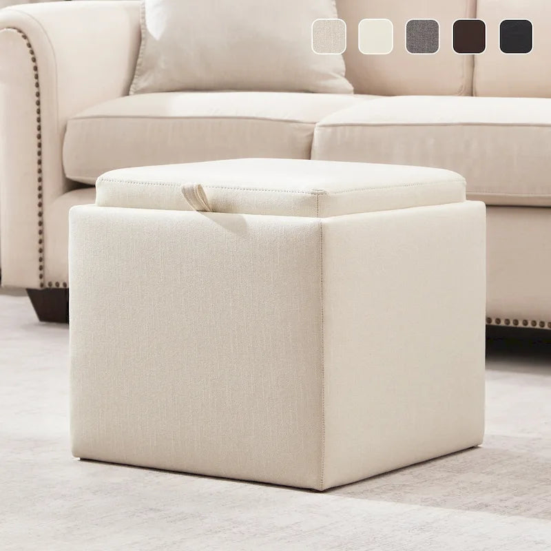 Pouf Contenitore Quadrato con Poggiapiedi e Vassoio