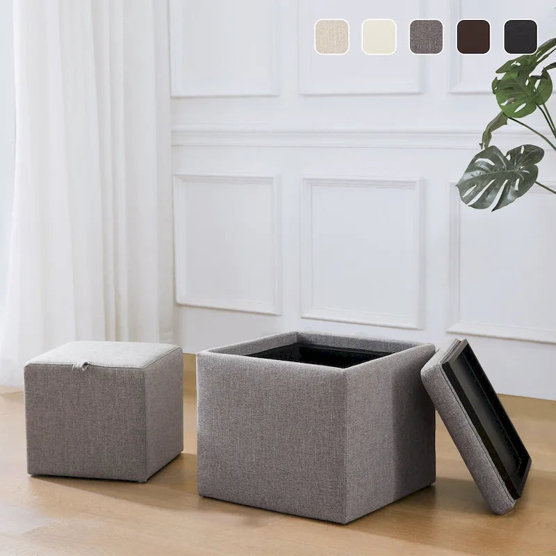 Pouf Contenitore Quadrato con Poggiapiedi e Vassoio