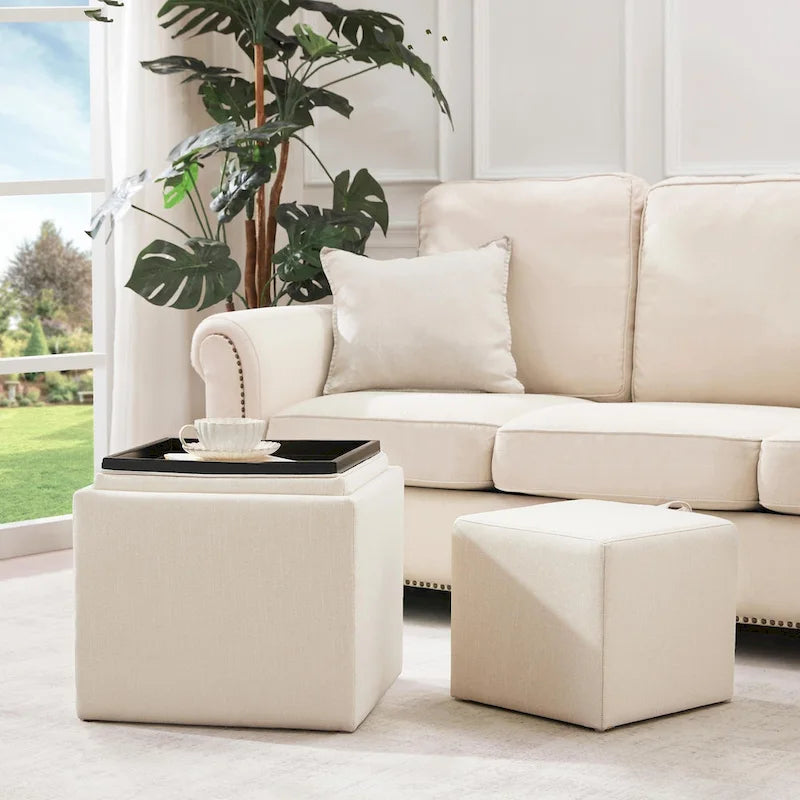 Pouf Contenitore Quadrato con Poggiapiedi e Vassoio