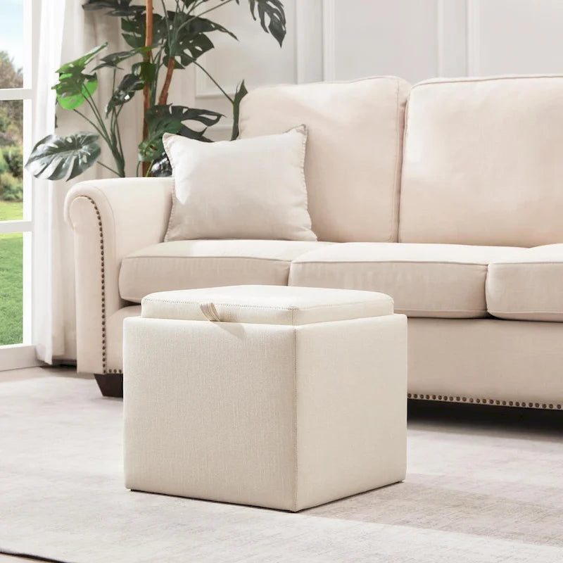 Pouf Contenitore Quadrato con Poggiapiedi e Vassoio