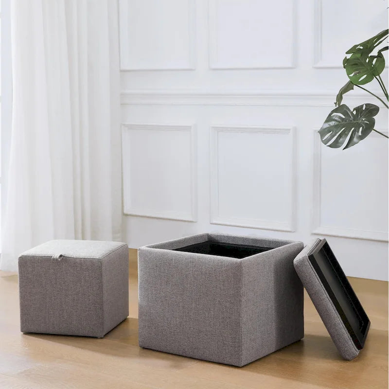 Pouf Contenitore Quadrato con Poggiapiedi e Vassoio
