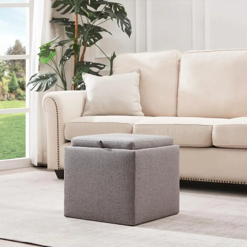 Pouf Contenitore Quadrato con Poggiapiedi e Vassoio