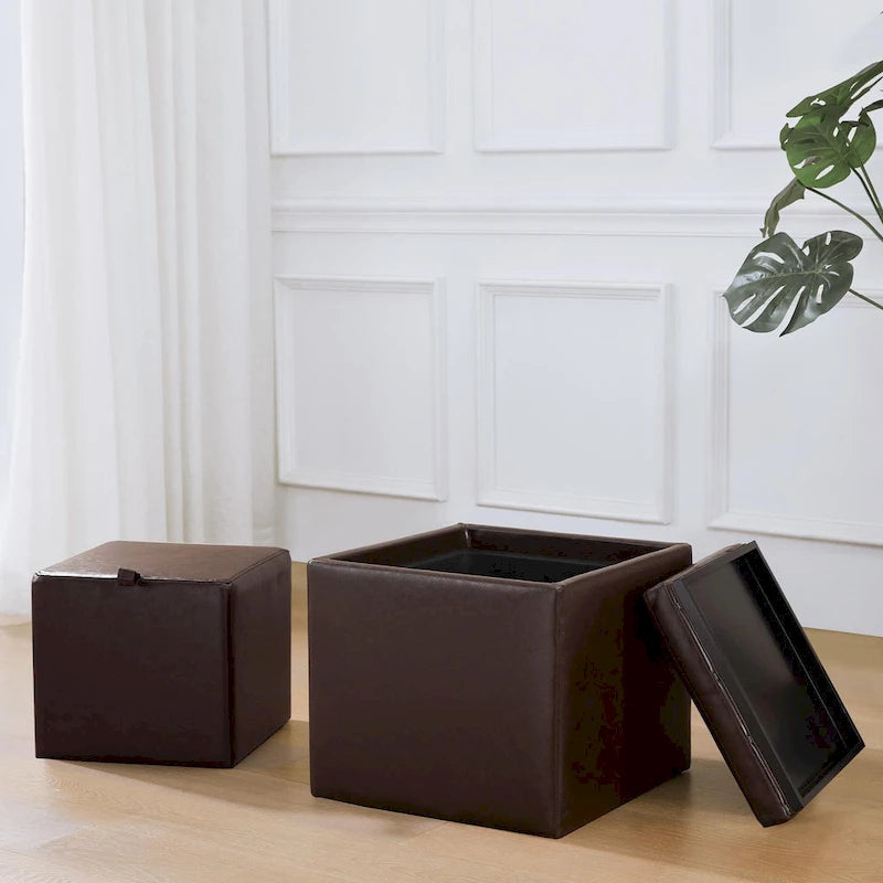 Pouf Contenitore Quadrato con Poggiapiedi e Vassoio