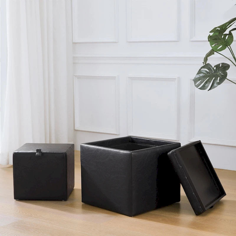Pouf Contenitore Quadrato con Poggiapiedi e Vassoio