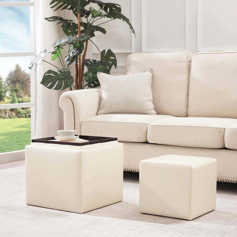 Pouf Contenitore Quadrato con Poggiapiedi e Vassoio