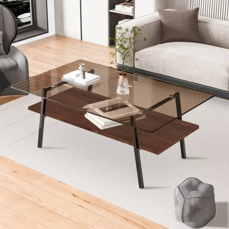 Tavolino da caffè rettangolare, piano in vetro temperato con gambe in metallo nero, tavolo moderno per soggiorno