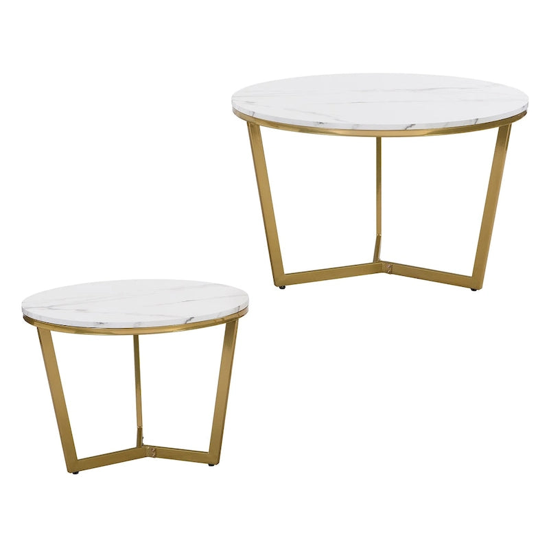 Tavolino da caffè moderno rotondo a incastro, 2 pezzi, bianco e con venature effetto marmo, base dorata