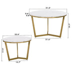 Tavolino da caffè moderno rotondo a incastro, 2 pezzi, bianco e con venature effetto marmo, base dorata