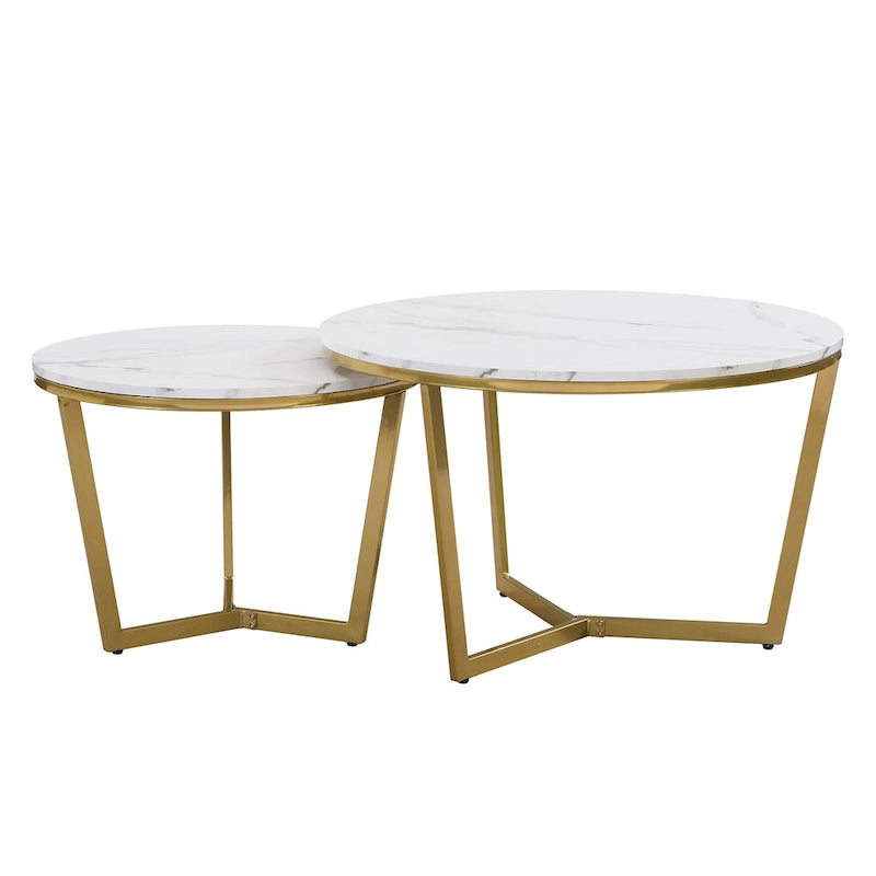 Tavolino da caffè moderno rotondo a incastro, 2 pezzi, bianco e con venature effetto marmo, base dorata