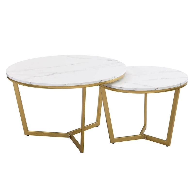 Tavolino da caffè moderno rotondo a incastro, 2 pezzi, bianco e con venature effetto marmo, base dorata