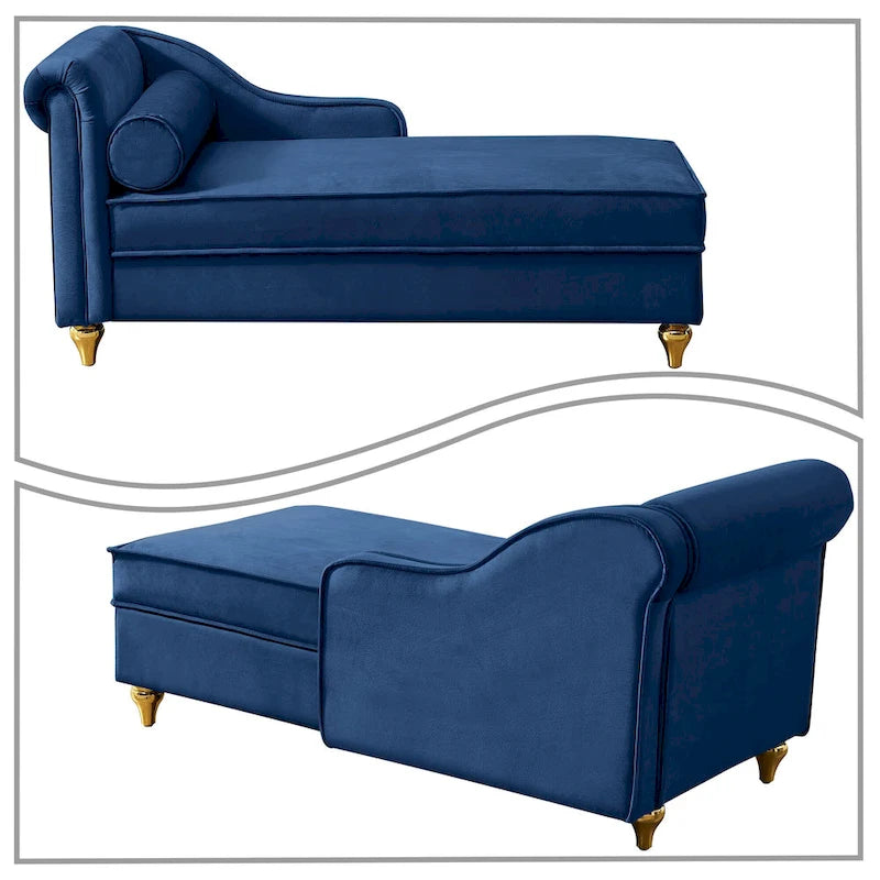 Sedia lunga da salotto francese elegante in velluto imbottito con cuscino e vano portaoggetti