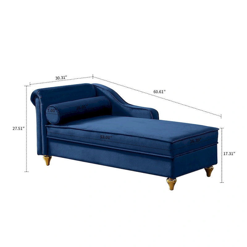 Sedia lunga da salotto francese elegante in velluto imbottito con cuscino e vano portaoggetti