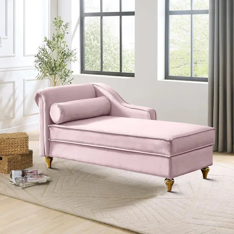 Sedia lunga da salotto francese elegante in velluto imbottito con cuscino e vano portaoggetti
