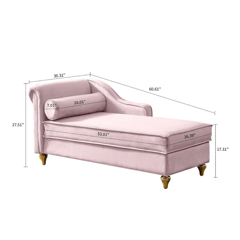 Sedia lunga da salotto francese elegante in velluto imbottito con cuscino e vano portaoggetti