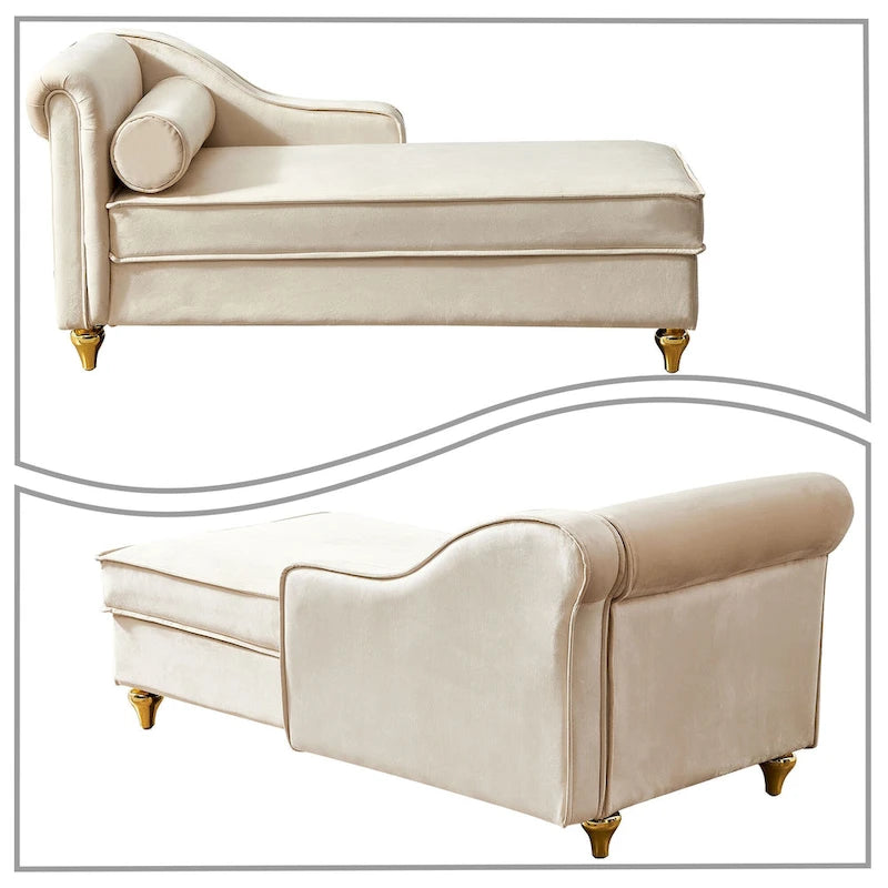 Sedia lunga da salotto francese elegante in velluto imbottito con cuscino e vano portaoggetti