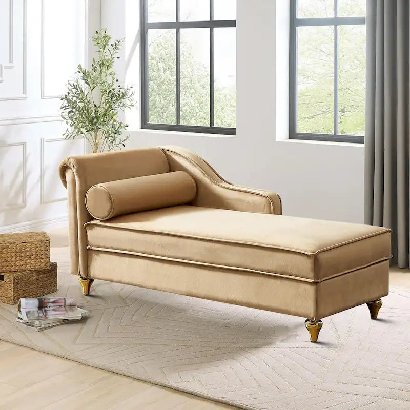 Sedia lunga da salotto francese elegante in velluto imbottito con cuscino e vano portaoggetti