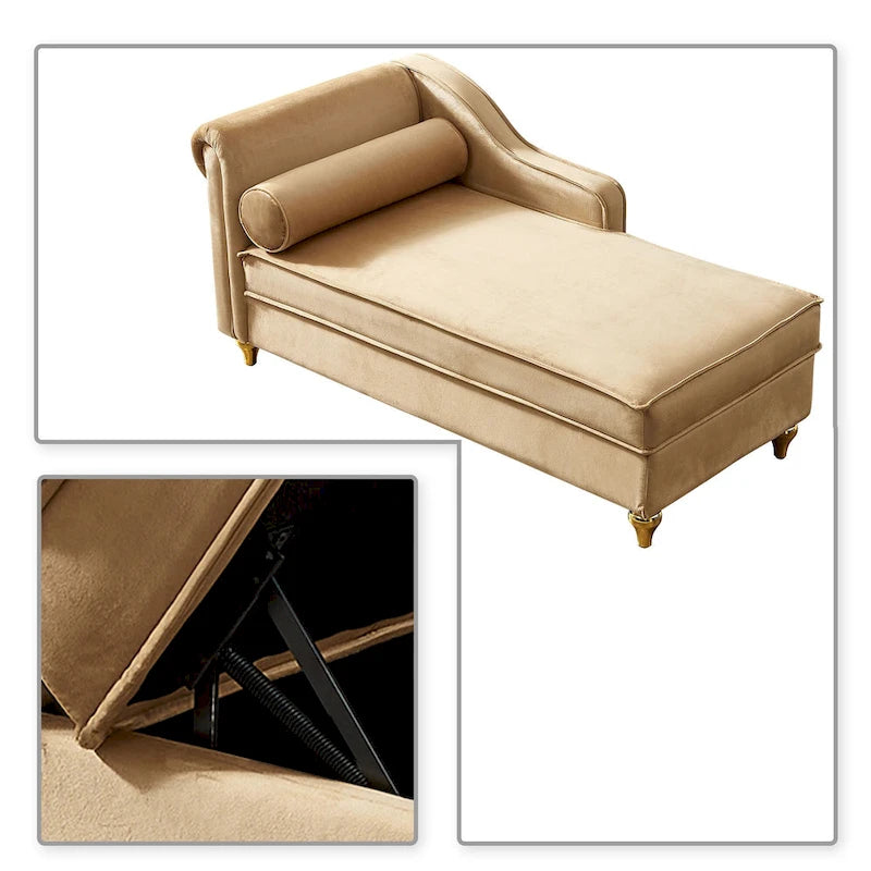 Sedia lunga da salotto francese elegante in velluto imbottito con cuscino e vano portaoggetti